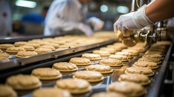 cerca arriba de un mano de un hembra confitero colocación galletas en un transportador cinturón. foto