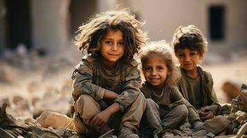 Three kids on the background of the ruins of building. Children of war. Israel and Palestine war concept. photo
