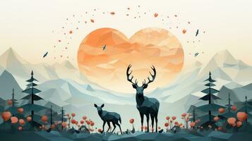 Mountain landscape with a deer, mountains and heart forest. Vector illustration. photo