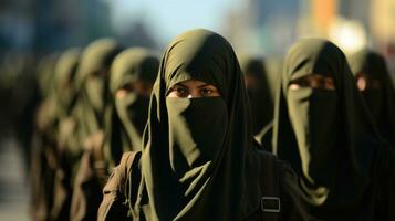 musulmán mujer en tradicional verde vestir en el calles de Dubái, unido árabe emiratos Israel y Palestina guerra concepto. foto