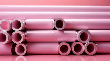 Metal pipes stacked in a row on a pink background. photo