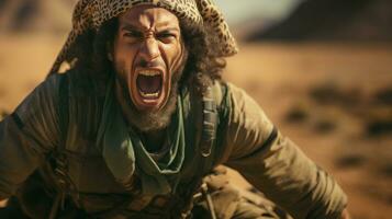 Portrait of angry arabian soldier man shouting in the desert. Israel and Palestine war concept. photo