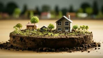 Miniature model of a house on a soil. Real estate concept photo