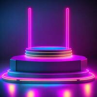 Blue pink violet neon abstract background, ultraviolet light, night club empty room interior. AI generated. photo