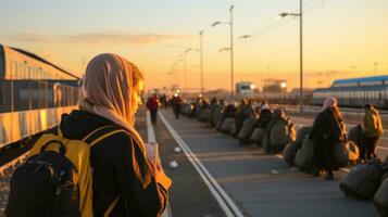 A young muslim refugee woman waiting for a train at the railway station. Israel and Palestine war concept. photo