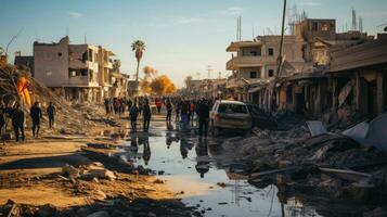 Palestinians inspect the damage air strike in the town of Khan Yunis, in the southern Gaza Strip. Israel and Palestine war concept. photo