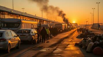 Refugees waiting for the bus at the airport. Israel and Palestine war concept. photo