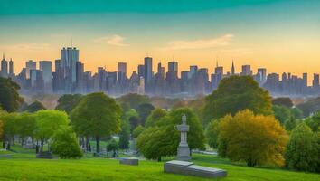 ver de el verde madera cementerio en brooklyn con Manhattan ciudad horizonte hermosa puesta de sol. ai generado. foto