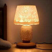 Small lamp glowing in bedroom night stand, close up, dim room. AI generated. photo