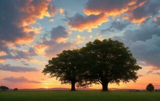 Grassy landscape with a tree and raincloud with a beautiful sunset. AI generated. photo