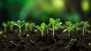 Green sprouts in dark soil against a blurred background symbolize growth and potential. AI generated. photo