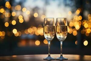 Two glasses of champagne on a wooden background against gold bokeh background. photo