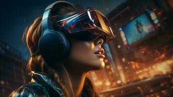 AI-Generated young girl wearing augmented reality glasses in a computer game in the virtual world photo