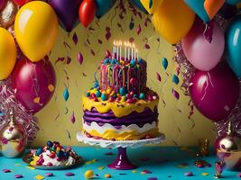 Birthday celebration with colorful balloons, a cake, and a glittering confetti-covered background ai generate photo