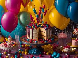 Birthday celebration with colorful balloons, a cake, and a glittering confetti-covered background ai generate photo