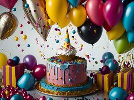 Birthday celebration with colorful balloons, a cake, and a glittering confetti-covered background ai generate photo