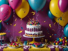 Birthday celebration with colorful balloons, a cake, and a glittering confetti-covered background ai generate photo