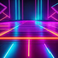 Abstract neon lights background with laser rays, and glowing lines stage. AI generated. photo