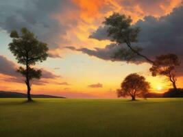 Grassy landscape with a tree and raincloud with a beautiful sunset. AI generated. photo