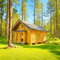 Wooden beam log house amidst the lush forest. AI generated. photo