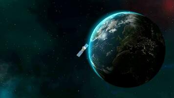 achtergrond met de vlucht van een satelliet in de omgeving van de roterend aarde, 3d geven video