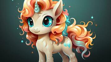 Cute cartoon unicorn with pink hair and blue eyes. Vector illustration. photo
