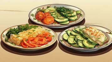 Illustration of three plates with different kinds of vegetables on a light background. photo