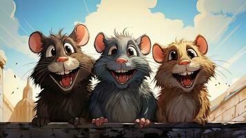 Tres gracioso ratas en el ciudad. dibujos animados estilo. vector ilustración. foto