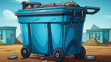Illustration of a blue garbage bin on a background of the desert. photo