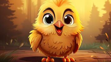 Cute cartoon yellow baby bird on forest. photo