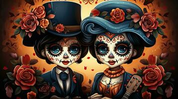 Vector illustration of sugar skull girl and boy in costumes for party. photo