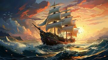 Sailing ship in the sea at sunset - 3D cartoon illustration. photo