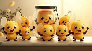 Funny bees in a jar of honey, 3d render cartoon illustration. photo