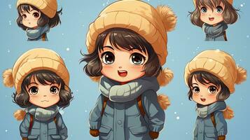 Cartoon cute girls in winter clothes. Vector illustration of kids in warm clothes. photo