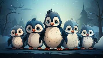 Group of penguins in the forest illustration. Cartoon penguin. photo