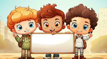 Cartoon illustration of a group of boys holding a blank board on a city background. photo