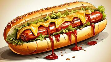 caliente perro con salsa de tomate en un blanco antecedentes. vector ilustración. foto