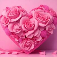 Pink color heart made of flowers isolated on white background. Ai generated. photo