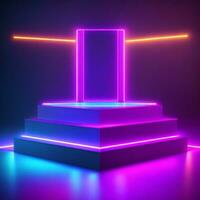 Blue pink violet neon abstract background, ultraviolet light, night club empty room interior. AI generated. photo
