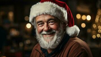 AI-Generated A man with a beard in a red jacket and santa claus hat smiles at the camera, christmas new year festive beautiful winter background photo