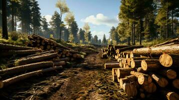AI-Generated Freshly cut natural logs from trees at logging site in the forest photo