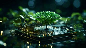 AI-Generated Green natural eco-friendly tree and computer technology on an abstract high-tech futuristic background of microchips and computer circuit boards with transistors photo