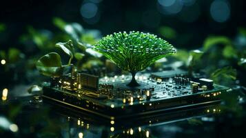 generado por ai verde natural Respetuoso del medio ambiente árbol y computadora tecnología en un resumen alta tecnología futurista antecedentes de microchips y computadora circuito tableros con transistores foto