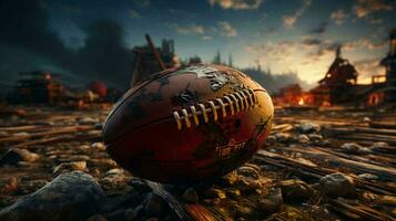 AI-Generated A leather ball for playing American football lies on the playing field photo