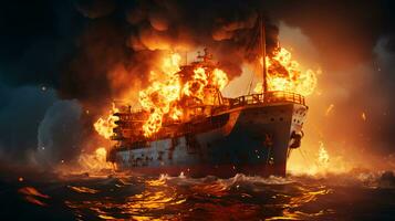 AI-Generated Large burning cargo ship tanker carrying oil in the sea or ocean photo
