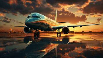 AI-Generated Large passenger plane on the runway at sunset. Vacation travel and flights concept photo