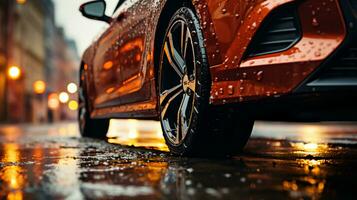 generado por ai coche rueda con nuevo llantas durante lluvia en un mojado la carretera con charcos foto