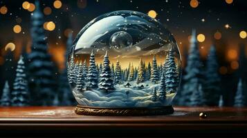 AI-Generated Glass ball with snow and Christmas tree for the New Year and Christmas holiday photo