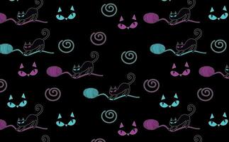 Vector pattern for fabric backgrounds etc, with background of a cat in vibrant blue and pink colors, cute kitten playing with wool