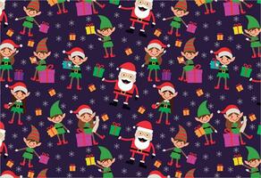 Festive purple Christmas pattern with Santa Claus, helpers, ornaments, snowflakes, and gifts. Ideal for fabrics and paper prints vector